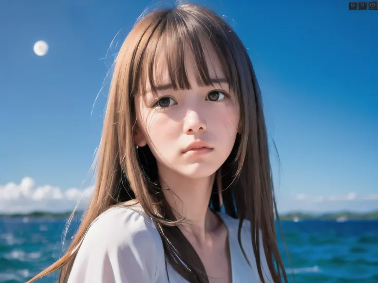 (Close up face shot of slender small-breasted half up blonde long hair with bangs girl wearing a white summer dress:1.5)、(One blonde hair girl is turn around and crying with tears at the cape of the sea in Japan:1.5)、(Beautiful midnight with full moon and ...