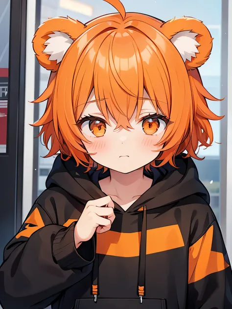 Fluffy bear ears, ((boy)), Orange Hair, (Black hoodie),