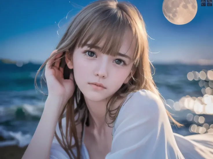 (Close up face shot of slender small-breasted half up blonde long hair with bangs girl wearing a white summer dress:1.5)、(One blonde hair girl is turn around and crying with tears at the cape of the sea in Japan:1.5)、(Beautiful midnight with full moon on t...