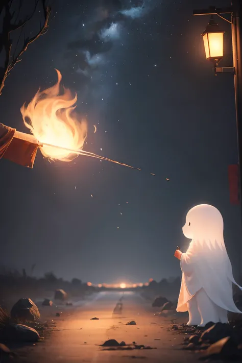 (Highest quality:1.2)。Standing Ghost。Small ghost fire。The background is a pitch black night road。