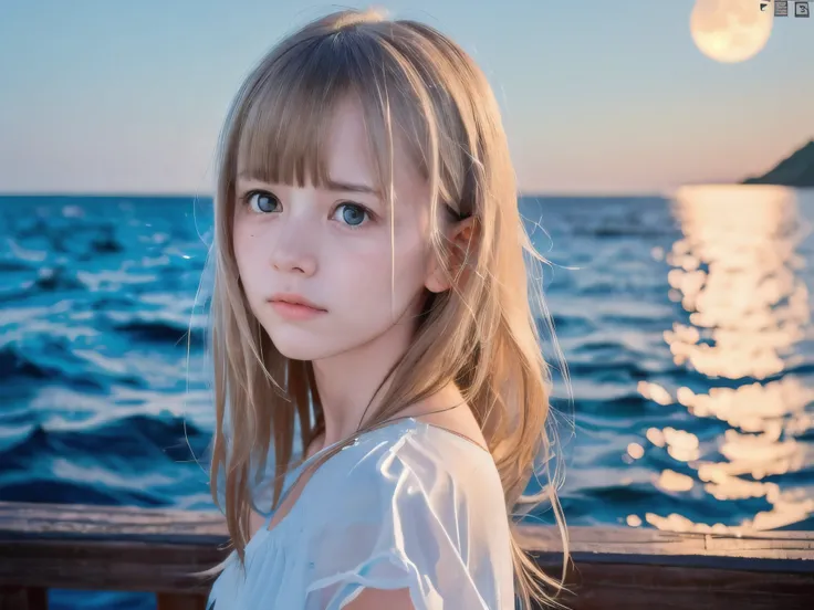 (Close up face shot of slender small-breasted half up blonde long hair with bangs girl wearing a white summer dress:1.5)、(One blonde hair girl is turn around and crying with tears at the cape of the sea in Japan:1.5)、(Beautiful midnight with full moon on t...