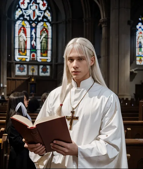 A priest has long white hair, with two bangs. He has red eyes and wears a typical priests outfit. He is a young man, holding a bible, standing in church.