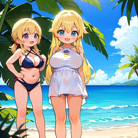 (large breasts:1.5),toddler girl,chibi,2girls,long blonde hair tied with a string,swimsuit,beach,standing,laughing