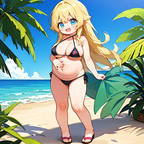 (large breasts:1.5),pregnant toddler girl,chibi,2girls,long blonde hair tied with a string,swimsuit,beach,standing,laughing