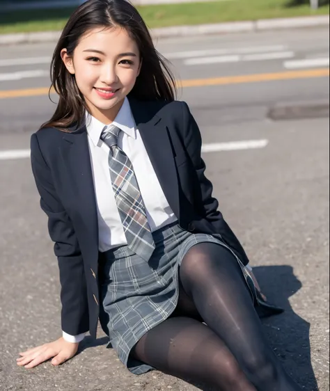 (8k), (Highest quality: 1.2), (Realistic), (Realistic: 1.37), Ultra-high resolution, (1 girl), cute, smile, Mouth closed, Beautiful details, Beautiful Nose, Wet Hair, Two giant cells, pork, Thighs，Self Snap,university student ,A simple navy blue blazer,Ple...