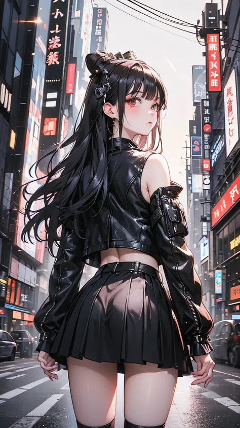 Anime girl standing on a city street wearing a leather skirt and black erotic underwear, Ilya Kuvshinov with long hair, Guviz style artwork, Anime Art Wallpapers 8K, (Beautifully detailed face),(Beautiful attention to detail),Art Station「Pysif」Mr. Gwitz, ピ...