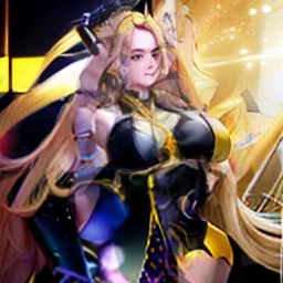 Blonde woman posing for a photo in black and yellow, Senna de League of Legends, cosplay chica anime, blonde anime girl with long hair, seductive anime girls, extremely detailed artistic germ, Murata and Artgerm range, animated figure; full body art, kda, ...