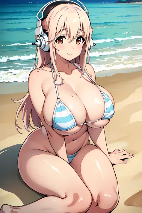 (8k, RAW photo, best quality, masterpiece:1.2),1girl, solo, Super Sonico, (hugebreasts :1.6, breasts out,nipples, nude),beach scenery, sitting on the sand in a white and blue striped bikini, massive breasts, huge breasts, 1girl, solo, smile,