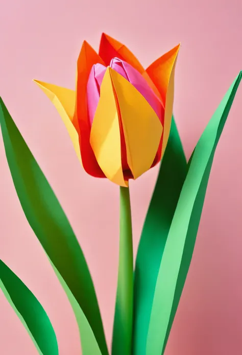 Tulip Origami Art, Delicate origami, Framed, Complex folds, coloured paper, フォトRealistic:1.2, Realistic, masterpiece:1.2.