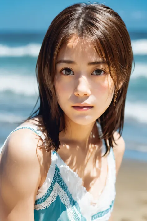 8k, highest quality, masterpiece, super high resolution, (realistic:1.4), RAW Photos, (Film Grain:1.3), One Girl, portrait of a skinny Japanese woman, 30 years old, standing on the beach, a cute face, detailed face, detailed eyes, {short|long} hair, correc...