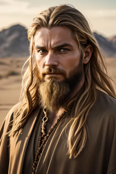 1 male viking, long blond hair, rough beard, wearing a caftan, ugly face, looking angry, 30 years old, desert background, absurd...