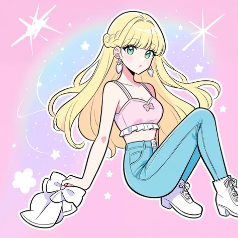 Aurora, cartoon Sleeping Beauty 1989, character, Disney anime style, illustration, kawaii style, pastel style, blonde hair, vibrant, bold, light makeup, light eyes, black eyeliner, pink crop top, jeans, white boots