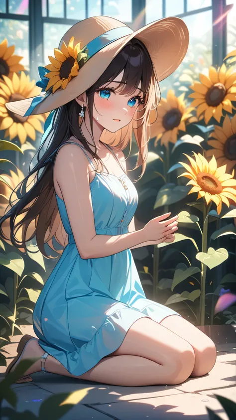 masterpiece, best quality:1.3, 1girl, sun dress, sun hat, sun flower garden, kneeling, crying, tear, natural lighting, vibrant colors, cinematic lighting, soft focus, prismatic, holographic,chromati caberration,