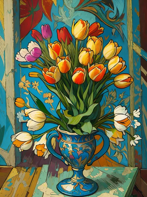 tulip painting, inspired by picasso, influenced by van gogh, tulip flower bed, full body image, very colorful, bright color pale...