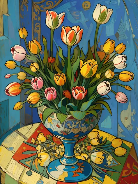 tulip painting, inspired by picasso, influenced by van gogh, tulip flower bed, full body image, very colorful, bright color pale...