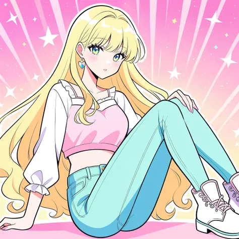  Aurora, cartoon Sleeping Beauty 1989, character, Disney anime style, illustration, kawaii style, pastel style, blonde hair, vibrant, bold, light makeup, light eyes, black eyeliner, pink crop top, jeans, white boots 