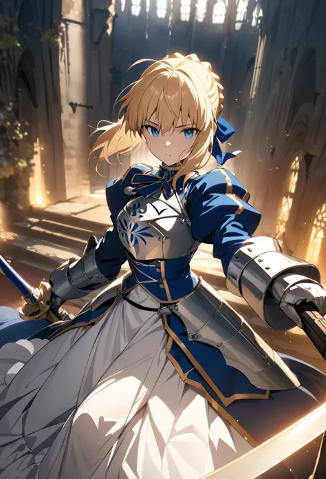 (masterpiece:1.2), (highest quality:1.2), Perfect Eyes, Perfect Face, Perfect lighting,1girl，Saber, holding sword artoria pendragon (fate), fate (series) perspective medieval beautiful, aesthetic, detailed, beautiful color amazing quality, best quality, hi...