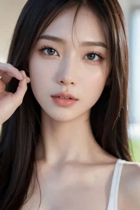 (best quality,4K,8k,mackerel,masterpiece:1.2),very detailed,realistic, breathtaking masterpiece of a Chinese girl with long straight hair, Beautiful bangs and very delicate hair, loving heart shaped eyes, first person view