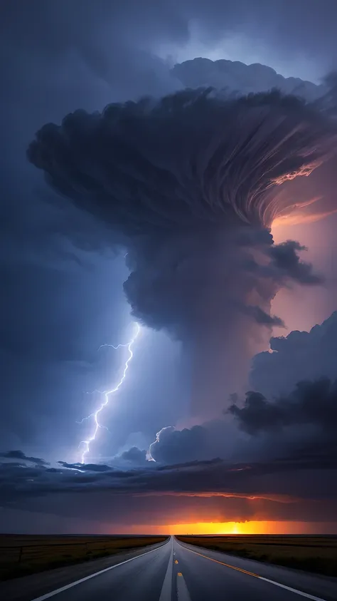 A plain,Huge tornado,A road in the middle,heavily clouded,lightning,hurricane,Excellent viewing angle,Shock,Close Range。