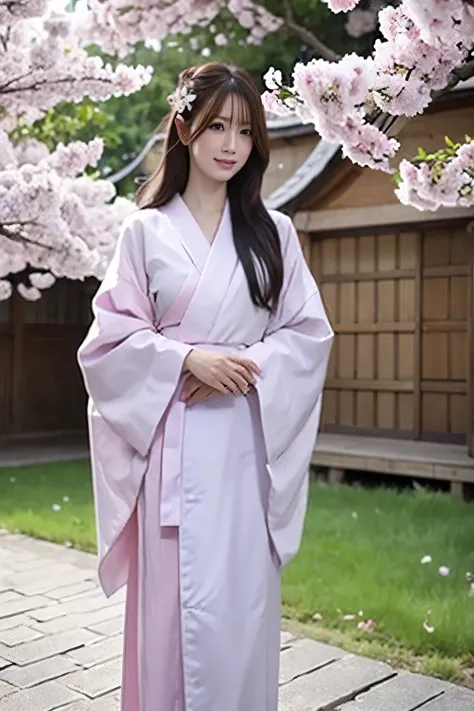 ((photorealistic:1.3)),((ultra detailed)),((sharp:1.2)),((cinematic light)),1girl, solo,(grin), Transparent skin,fein detailed face,long hair, cherry blossom, hanami, white flower, white flower, wisteria,flower, plum blossoms, outdoors, falling petals, bla...