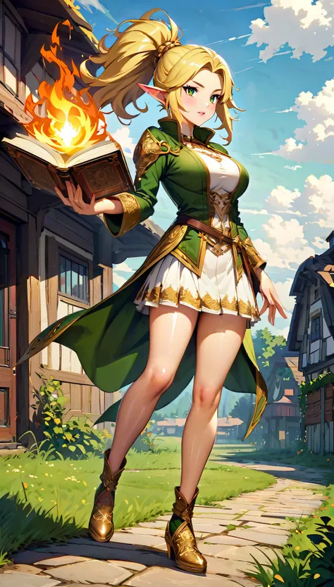 ((Fantasy art style, Digital Art)), (Elf Woman), One Woman, Very detailedな肌, (White mini skirt with gold embroidery), (Blonde high ponytail), (Shiny dark green eyes), (Green surcoat with gold embroidery), Big Breasts, (((Suburban Plains)), (Use magic with ...