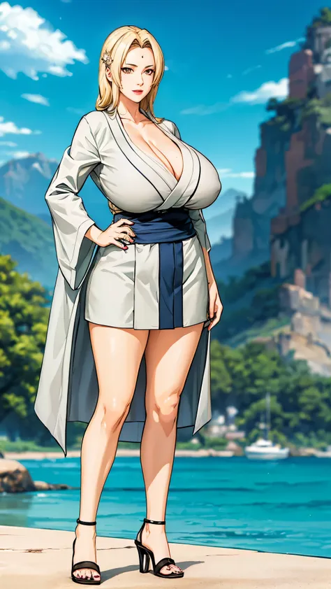 (huge tits), kimono, fullbody, nipples, areola, feet, high heels, slim waist, cleavage, good anatomy, masterpiece, best quality, 4k, 8k, professional photography, soft light, 1 girl, blonde hair, (mountain), clouds, blonde hair, parted banks, detailed face...