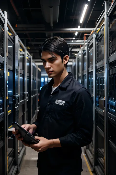 creates a realistic image of a computer scientist, young man with black hair wearing dark blue clothes working in a large server room full of machines and servers