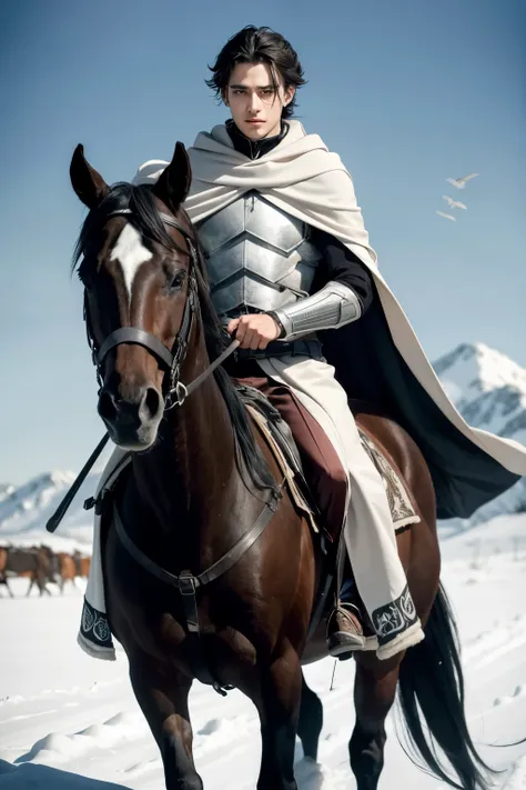 Stark boy 16 yo coming into a battlefield devasted, full of crows and corpses. Hes handsome, with black hair and gray eyes. Hes wearing only white and gray, and rides his horse whos black. Hes a boy, but make him manly. Usando uma manto branco e cinza. Hes...