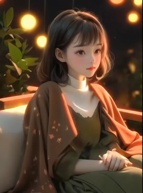 A long-haired girl sitting on a bench，Holding a cup in hand, charming细致的数字艺术, charming的数字艺术, charming卡通 character, charming的肖像, charming卡通, charming的角色, Soft portrait shots 8 k, charming的数字, charming的 3d 渲染, charming, charming的动漫女孩, charming美丽, Beautiful s...