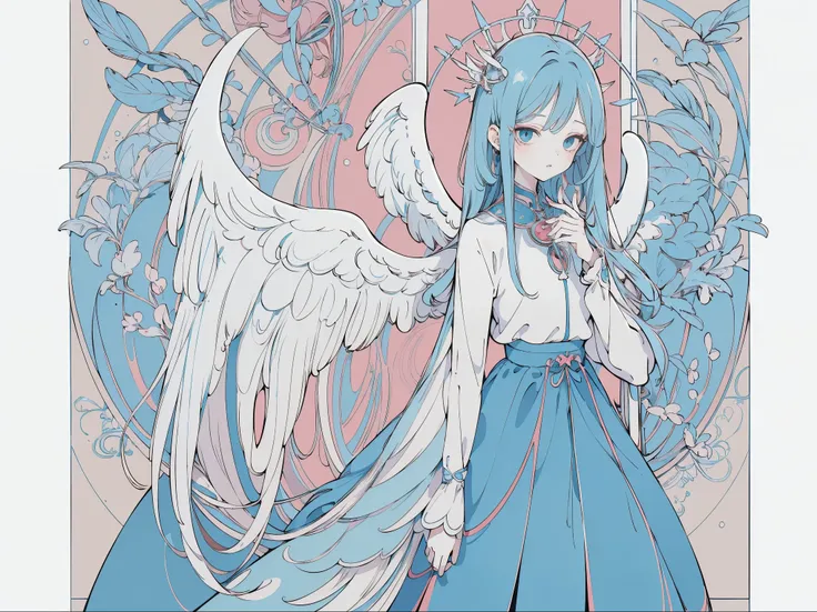 (Designed by nty:1.4),Upper body portrait of a girl,Bright blue, colourful, Yoshitaka Amano character setting,solo,Angelic, Symmetrical Beauty, Angel Wings, Gorgeous long skirt, stand up, (((solo))), Color matching，Clear facial features, Clean lines design...