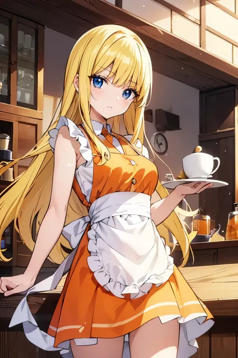 fairy_tail_style, solo, 1 girl, (young female body:1.4), (medium small breasts), golden yellow hair, extra long hair, blunt bangs, crystal blue eyes, very detailed eyes, cowboy shot, detailed eyes, barista, coffe shop, coffee, white apron, orange uniform, ...