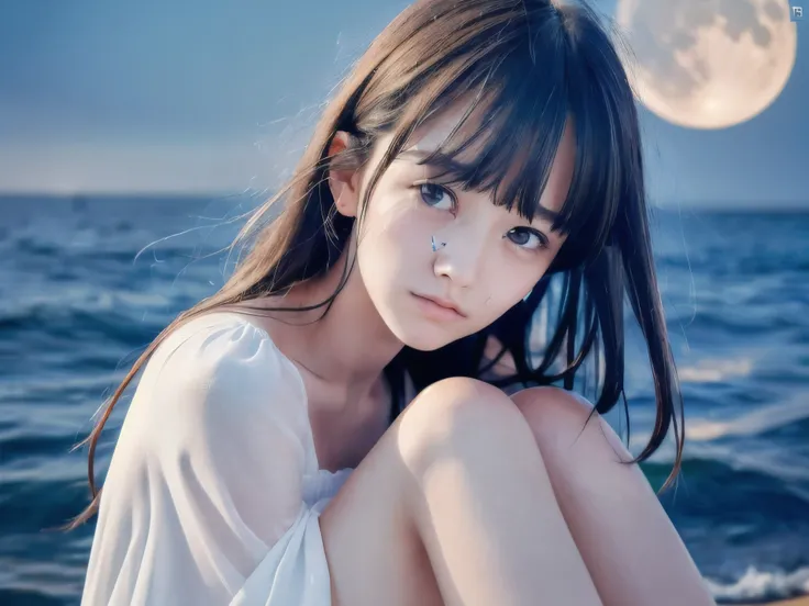 (Close up face shot of slender small-breasted dark silver long hair with swept bangs girl wearing a white summer dress:1.5)、(One girl is crying with tears at the cape of the sea in Japan:1.5)、(Beautiful midnight with full moon on the sea:1.5)、(blurred back...