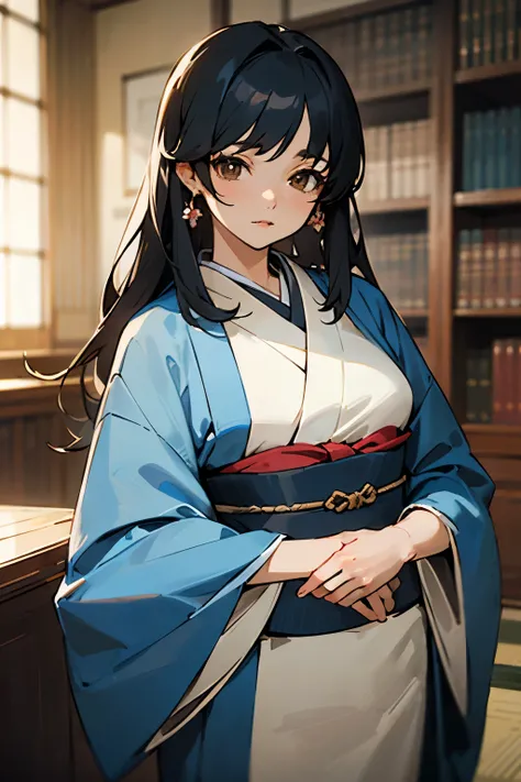 ((best quality)), ((masterpiece)), ((detailed)), anime girl, mature woman, japanese kimono, blue royal kimono, in a library, wolf cut black hair, soft hair, brown eyes, exceptionally beautiful, 