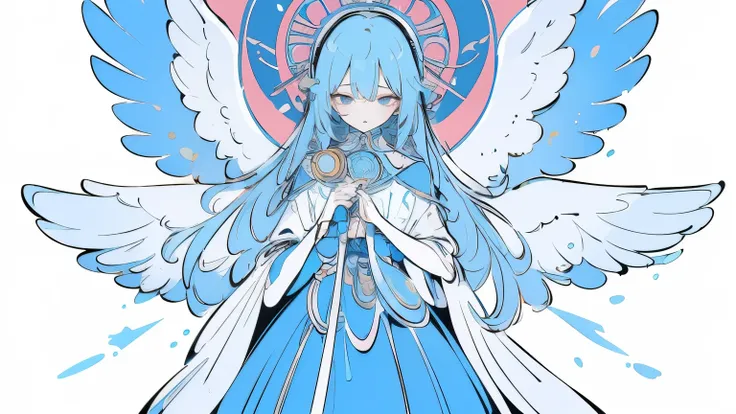 (Designed by nty:1.4),Upper body portrait of a girl,Bright blue, colourful, Yoshitaka Amano character setting,solo,Angelic, Symmetrical Beauty, Angel Wings, Gorgeous long skirt, stand up, (((solo))), Color matching,Clear facial features, Clean lines design...