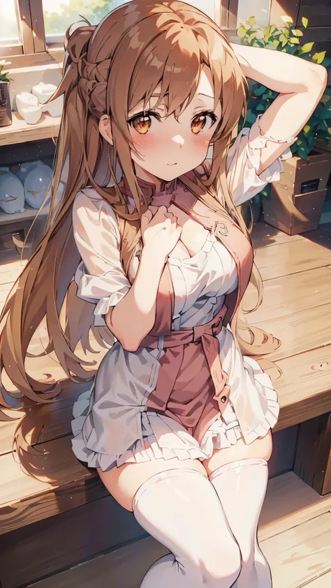 Asuna, 1girl, blush, masterpiece, best quality, ultra-detailed, {As Yuuki(Sword Art Online)}, One girl, masterpiece、Cleavage, Highest quality、 White panties, Roll up your skirt