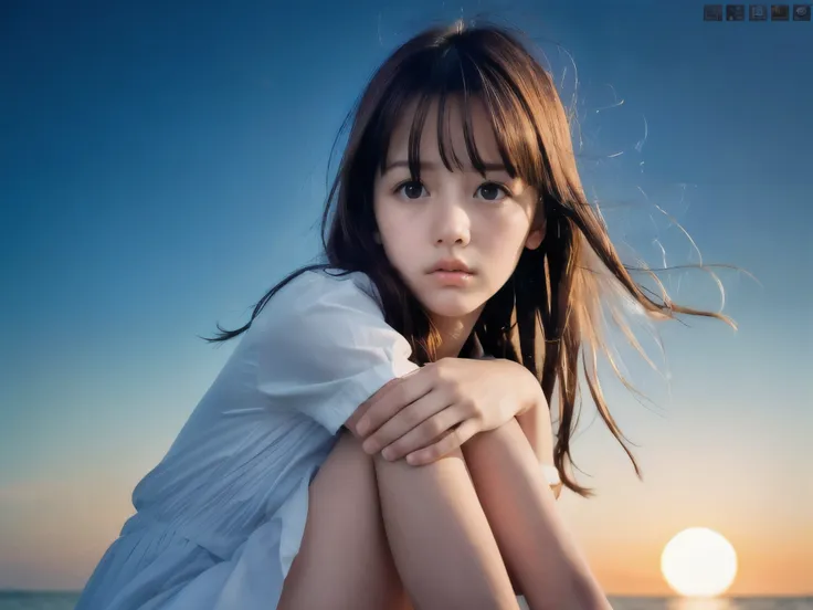 (Close up face shot of slender small-breasted red brown wavy long hair with dull bangs girl wearing a white summer dress:1.5)、(One girl is crying face with tears at the cape of the sea in Japan:1.5)、(Beautiful midnight with full moon on the sea:1.5)、(blurr...