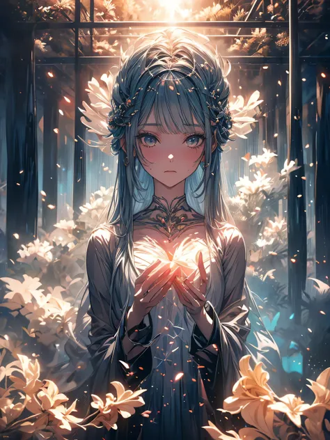 Beautiful girl in a transparent gray robe standing in a dark forest, Magnificent style, Octane Rendering, Desert Composition, Beautiful Face, Surreal, Oil on canvas, Awards, artwork, Art Station Trends, Studio Ghibli, Close-up of a girl