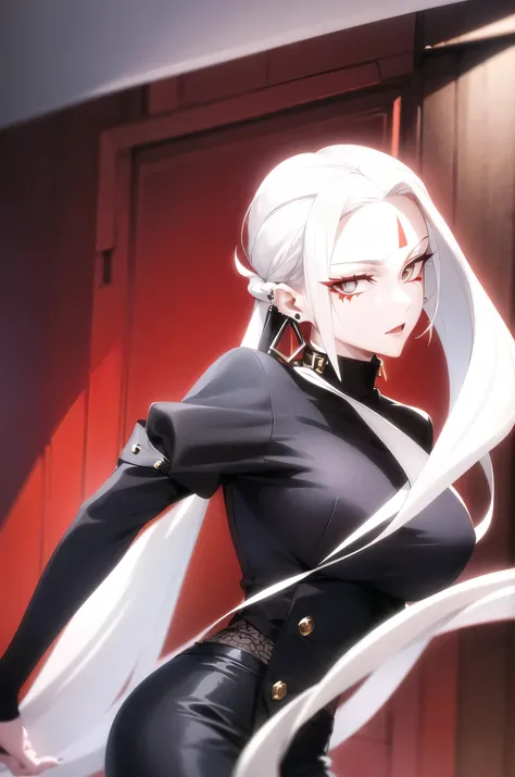 Modern woman, long white hair, amber eyes, geometric red mark in the middle of the forehead, piercings, wears a black high-neck blouse and jacket with long earrings.