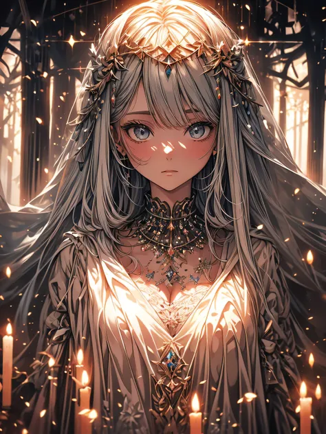 Beautiful girl in a transparent gray robe standing in a dark forest, Magnificent style, Octane Rendering, Desert Composition, Beautiful Face, Detailed face, Surreal, Oil on canvas, Awards, artwork, Art Station Trends, Studio Ghibli, Close-up of a girl