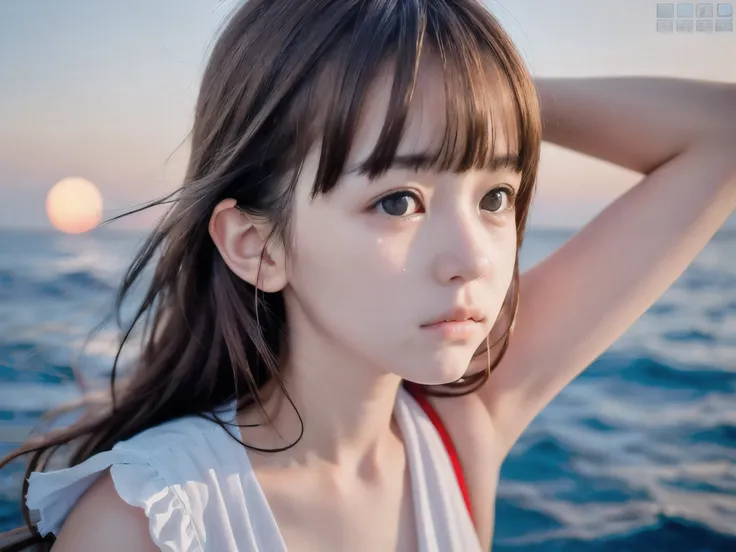 (Close up face shot of slender small-breasted red brown wavy long hair with dull bangs girl wearing a white summer dress:1.5)、(One girl is crying face with tears at the cape of the sea in Japan:1.5)、(Beautiful midnight with full moon on the sea:1.5)、(blurr...