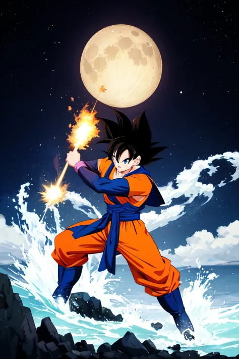 Goku in Dragon Ball is firing Kamehameha wave to hit the moon