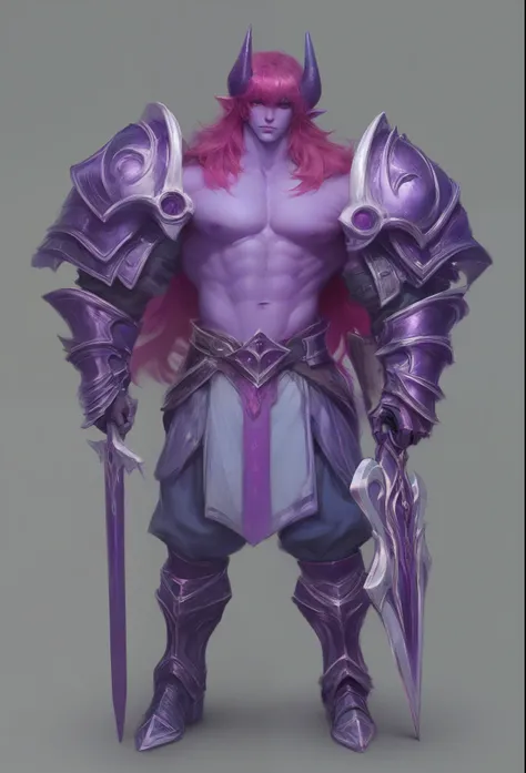 A purple skin man, with pink hair and horns, buff, athletic, big muscles, warrior, big chest, manly face, long hair, body armor, plate armor, himbo boy, heavy armor, 