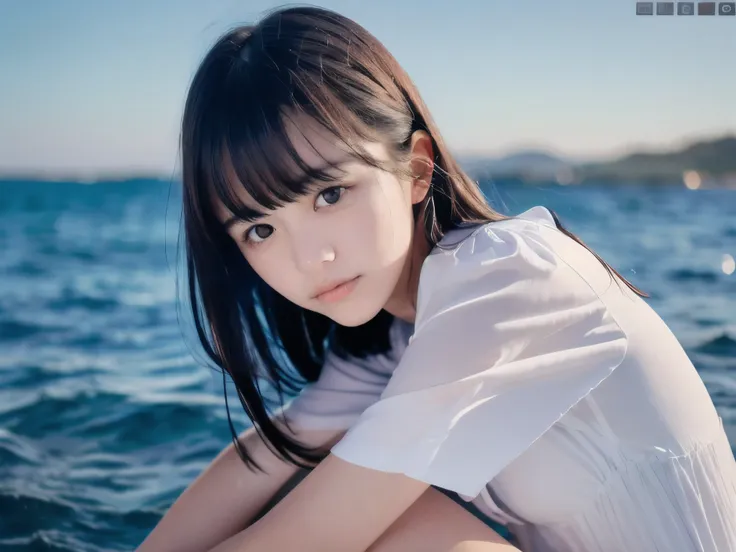 (Close up face shot of slender small-breasted dark silver long hair with swept bangs girl wearing a white summer dress:1.5)、(One girl is crying with tears at the cape of the sea in Japan:1.5)、(Beautiful midnight with full moon on the sea:1.5)、(blurred back...