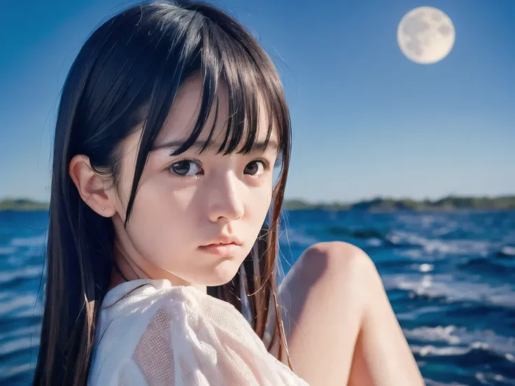 (Close up face shot of slender small-breasted dark silver long hair with swept bangs girl wearing a white summer dress:1.5)、(One girl is crying with tears at the cape of the sea in Japan:1.5)、(Beautiful midnight with full moon on the sea:1.5)、(blurred back...