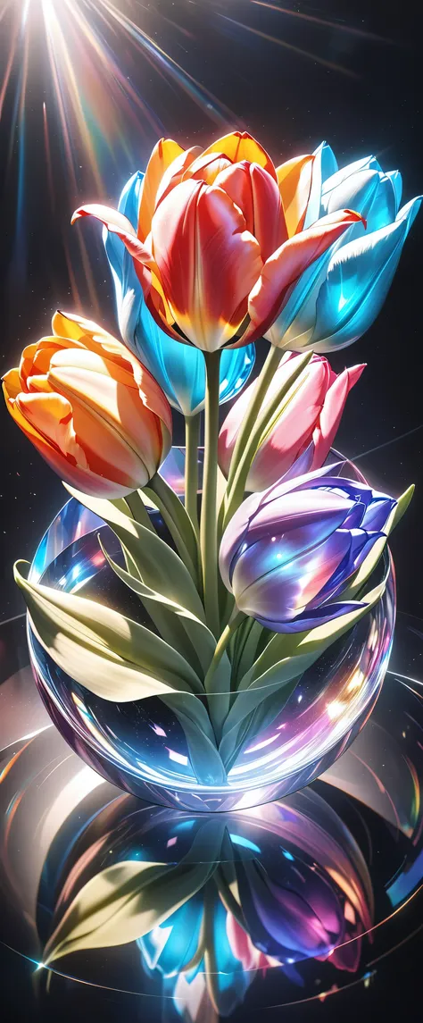 ultimate realism, (crystals form a tulip, ((only one flower))), extremely high transparency, gloss, reflection, absolute aesthet...