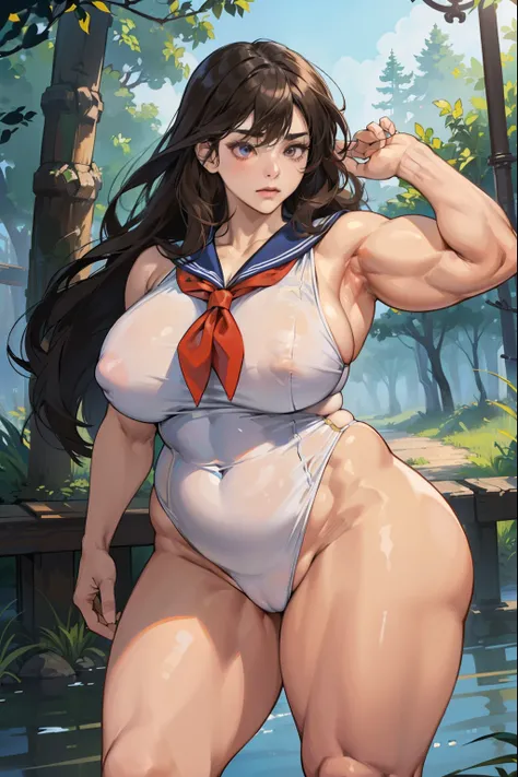 (((((Woman with brown skin, Muscular))))), ((thick thighs, 非常にLarge Breasts,、Strong Body、), Long Hair、Jet black hair, alone, Glowing Skin, it was foggy, ,Bridge pier, Bristles,Are standing、Big body women、naked,Strong Body、pubic hair,Muscular in the forest,...