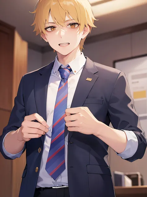 upper body、shiny skin、masterpiece、Highest quality、BREAK (25-year-old male:1.5) and (Blonde short hair) and (Orange eyes), jitome, (Wearing a suit:1.3) and (tie) BREAK 立っている、(grin:1.1)、The background is the office、(alone:1.5)、Upper body is shown、