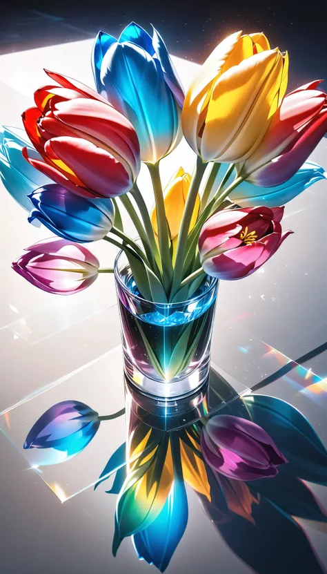 ultimate realism, crystals form a tulip, only one flower, extremely high transparency, gloss, reflection, absolute aesthetics th...