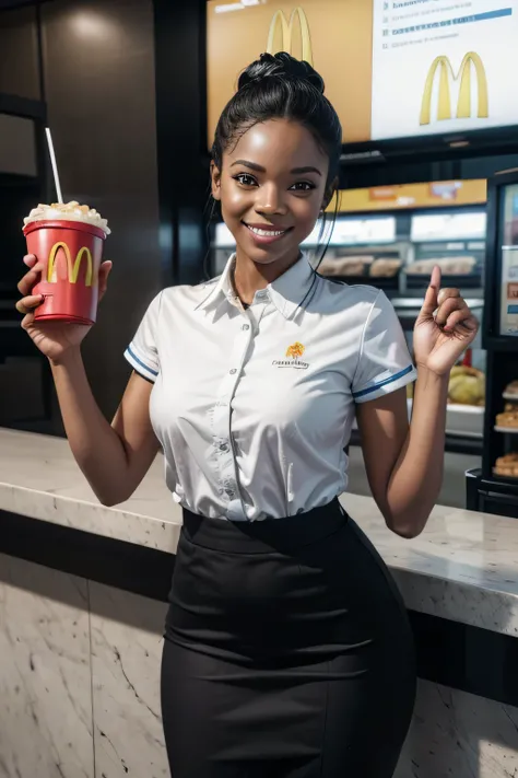 I created a black employee at McDonalds crown,rey, lanches,Grinning,realisitic,3d ,pose 