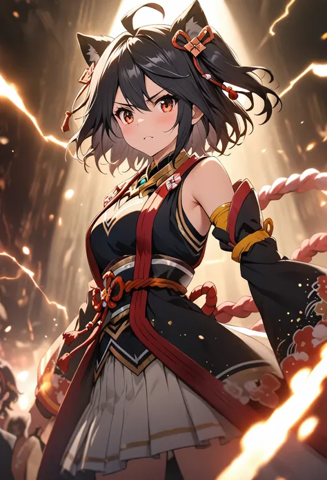 masterpiece, best quality, extremely detailed CG unity 8k wallpaper, A character from the anime Uma Musume. Precise illustration of Kitasan Black, Serious face, Light effects, Lightning effect, The background is dark and the light of the spotlight, Motion ...